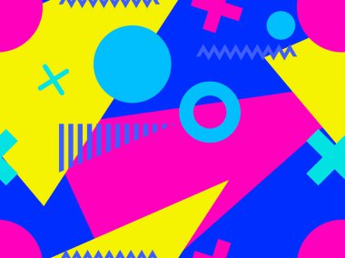 80 'lerin tarzında geometrik şekilli kusursuz Memphis deseni. Promosyon ürünleri, ambalaj kağıdı ve baskı için çok renkli üçgenler, daireler ve zikzaklar. Vektör illüstrasyonu