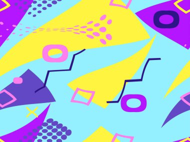 80 'lerin tarzında geometrik şekilli kusursuz Memphis deseni. Promosyon ürünleri, ambalaj kağıdı ve baskı için çok renkli üçgenler, daireler ve zikzaklar. Vektör illüstrasyonu