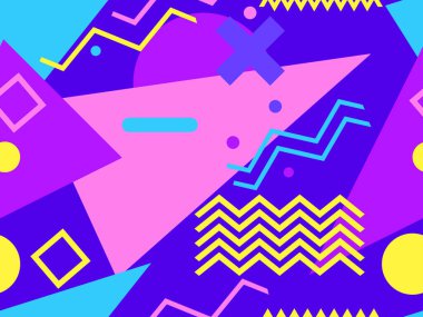 80 'lerin tarzında geometrik şekilli kusursuz Memphis deseni. Promosyon ürünleri, ambalaj kağıdı ve baskı için çok renkli üçgenler, daireler ve zikzaklar. Vektör illüstrasyonu
