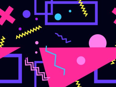 80 'lerin tarzında geometrik şekilli kusursuz Memphis deseni. Promosyon ürünleri, ambalaj kağıdı ve baskı için çok renkli üçgenler, daireler ve zikzaklar. Vektör illüstrasyonu