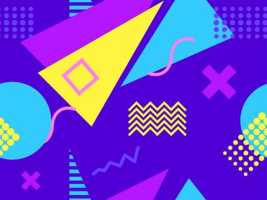 80 'lerin tarzında geometrik şekilli kusursuz Memphis deseni. Promosyon ürünleri, ambalaj kağıdı ve baskı için çok renkli üçgenler, daireler ve zikzaklar. Vektör illüstrasyonu