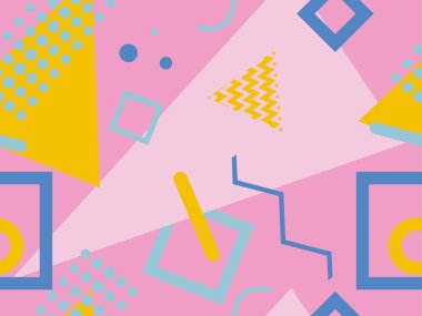 80 'lerin tarzında geometrik şekilli kusursuz Memphis deseni. Promosyon ürünleri, ambalaj kağıdı ve baskı için çok renkli üçgenler, daireler ve zikzaklar. Vektör illüstrasyonu