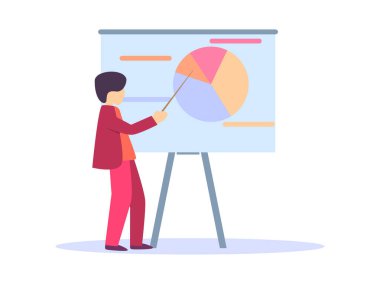 Kırmızı elbiseli adam bir çizelgeyi işaret ediyor. Yuvarlak renkli çizelge, göstergeler. Vektör illüstrasyonu