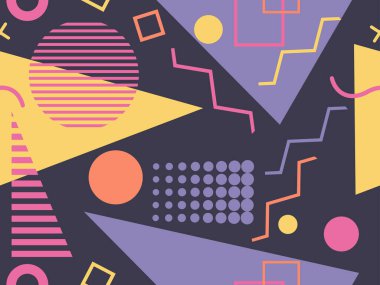 80 'lerin tarzında geometrik şekilli kusursuz Memphis deseni. Promosyon ürünleri, ambalaj kağıdı ve baskı için çok renkli üçgenler, daireler ve zikzaklar. Vektör illüstrasyonu