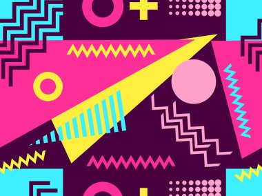 80 'lerin tarzında geometrik şekilli kusursuz Memphis deseni. 80 'ler promosyon ürünleri, ambalaj kağıdı ve baskı için renkli bir arkaplan basıyor. Vektör illüstrasyonu