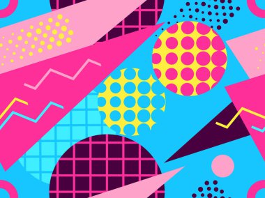 80 'lerin tarzında geometrik şekilli kusursuz Memphis deseni. 80 'ler promosyon ürünleri, ambalaj kağıdı ve baskı için renkli bir arkaplan basıyor. Vektör illüstrasyonu