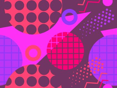 80 'lerin tarzında geometrik şekilli kusursuz Memphis deseni. 80 'ler promosyon ürünleri, ambalaj kağıdı ve baskı için renkli bir arkaplan basıyor. Vektör illüstrasyonu