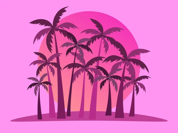 Paisaje Tropical Con Palmeras Sobre Fondo Atardecer Marino Estilo Retro — Vector de stock