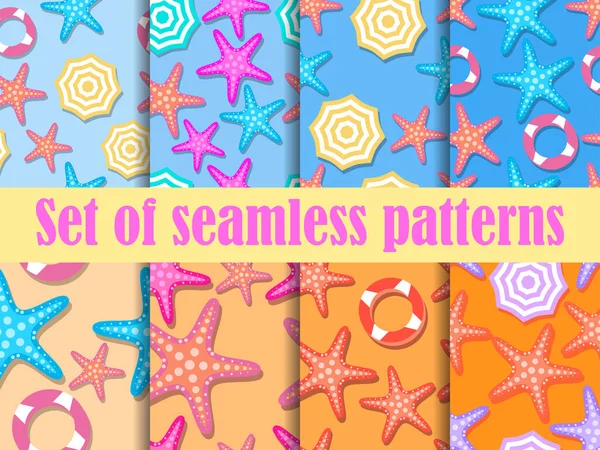 Beach Seamless Pattern Set Top View Beach Umbrella Colorful Starfish — Stock Vector