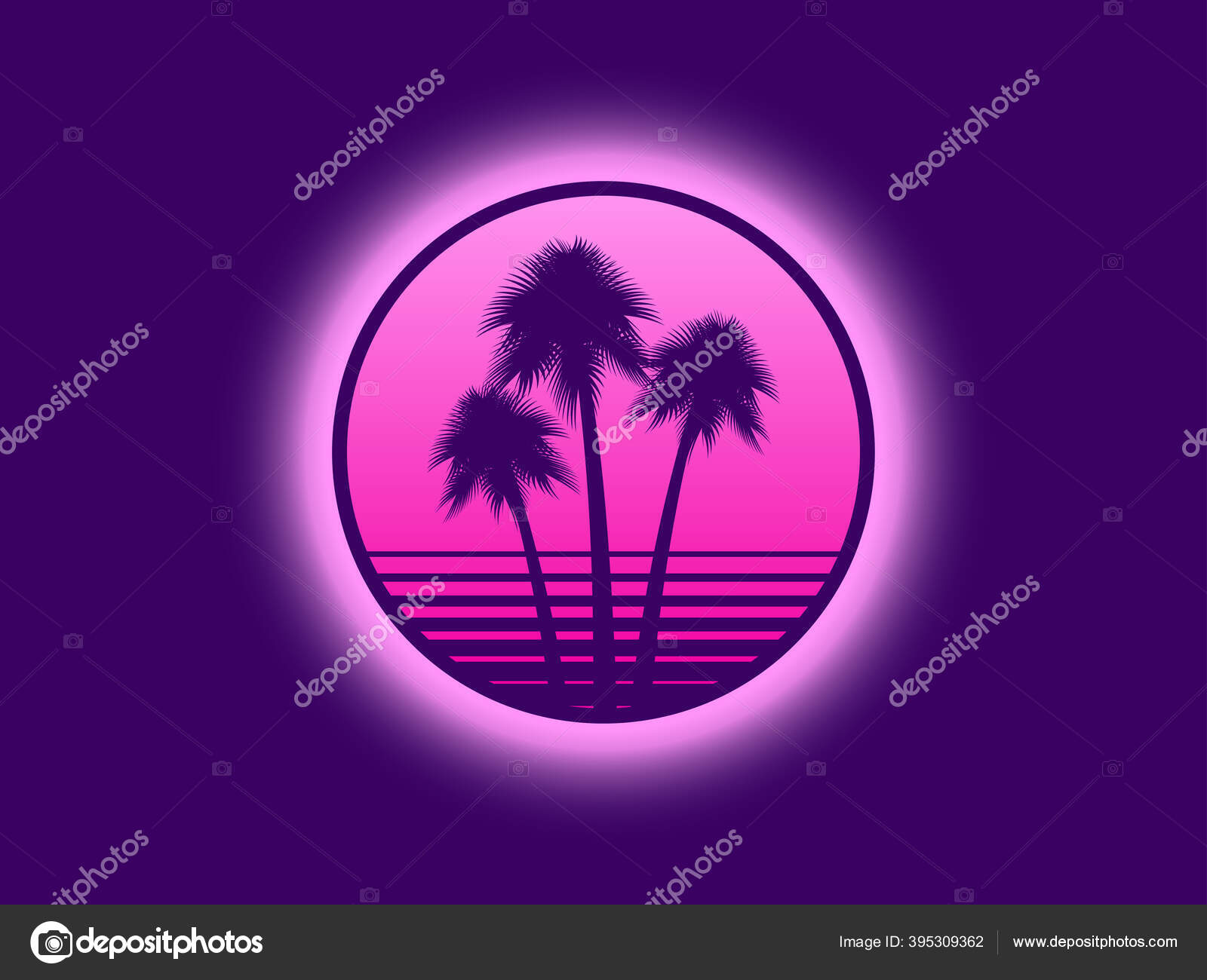 日本のヤシの木 日没の80レトロなSfヤシの木 ヤシの木とレトロな未来的な太陽 夏時間だ