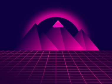 80 'lerin retro bilim kurgu piramitleri. Şebeke ve piramitlerle ilgili geleceksel bir arkaplan. Sanal gerçeklikteki manzara, neon gün batımı. Sentetik dalga ve retrodalga tarzı. Vektör illüstrasyonu