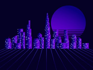 Gökdelenleri olan Gece Şehri Panoraması 80 'lerin geçmişe dönük fütüristik tarzı. Sentetik dalga ve retrodalga tarzı. Vektör illüstrasyonu