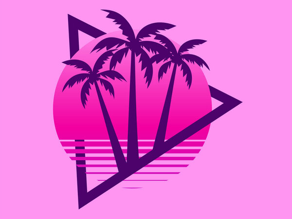 80s retro sci-fi palm trees on a sunset. Retro futuristic sun with palm trees. Summer time. Synthwave and retrowave style. Vector illustration