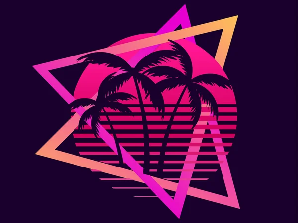 日没の80レトロなSfヤシの木 ヤシの木とレトロな未来的な太陽 夏時間だ Synthwave Retrowave Style ベクターイラスト — ストックベクタ