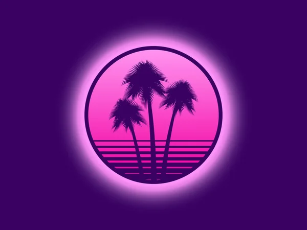 80S Retro Sci Palmbomen Bij Zonsondergang Retro Futuristische Zon Met — Stockvector