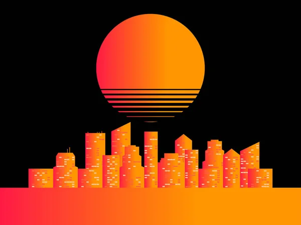 80S Retro Sci City Futuristic Sunset Synthwave Retrowave Style Vector — Stock Vector