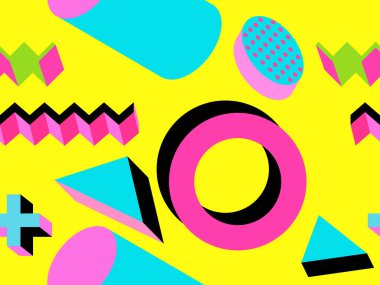 3D izometrik memphis tarzı kusursuz desen. Memphis tarzı 80 'lerde geometrik şekiller. Promosyon ürünleri, ambalaj kağıdı ve baskı için arka plan. Vektör illüstrasyonu