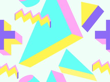 3D izometrik memphis tarzı kusursuz desen. Memphis tarzı 80 'lerde geometrik şekiller. Promosyon ürünleri, ambalaj kağıdı ve baskı için arka plan. Vektör illüstrasyonu