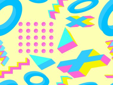 3D izometrik memphis tarzı kusursuz desen. Memphis tarzı 80 'lerde geometrik şekiller. Promosyon ürünleri, ambalaj kağıdı ve baskı için arka plan. Vektör illüstrasyonu