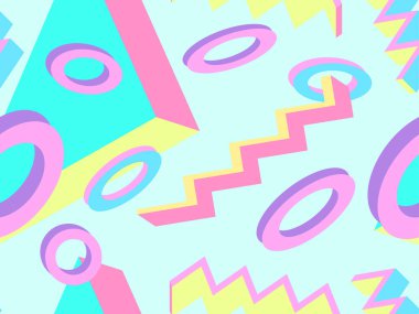 Memphis tarzı 80 'lerde kusursuz 3D izometrik geometrik şekiller. Promosyon ürünleri, ambalaj kağıdı ve baskı için arka plan. Vektör illüstrasyonu