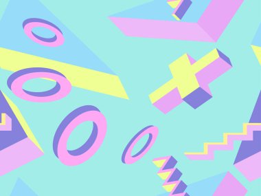 Memphis tarzı 80 'lerde kusursuz 3D izometrik geometrik şekiller. Promosyon ürünleri, ambalaj kağıdı ve baskı için arka plan. Vektör illüstrasyonu