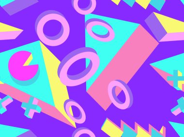 Memphis tarzı 80 'lerde kusursuz 3D izometrik geometrik şekiller. Promosyon ürünleri, ambalaj kağıdı ve baskı için arka plan. Vektör illüstrasyonu