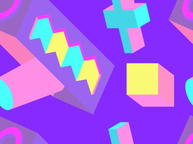 Memphis tarzı 80 'lerde kusursuz 3D izometrik geometrik şekiller. Promosyon ürünleri, ambalaj kağıdı ve baskı için arka plan. Vektör illüstrasyonu