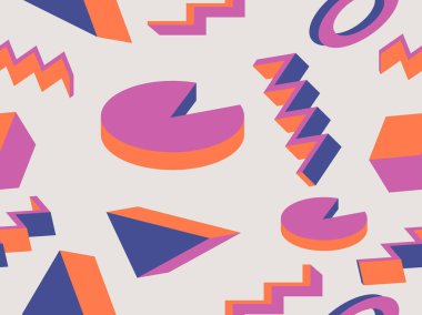 Memphis tarzı 80 'lerde kusursuz 3D izometrik geometrik şekiller. Promosyon ürünleri, ambalaj kağıdı ve baskı için arka plan. Vektör illüstrasyonu