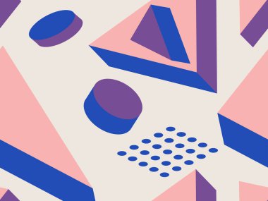 Memphis tarzı 80 'lerde kusursuz 3D izometrik geometrik şekiller. Promosyon ürünleri, ambalaj kağıdı ve baskı için arka plan. Vektör illüstrasyonu