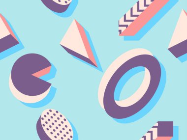 Memphis tarzı 80 'lerde kusursuz 3D izometrik geometrik şekiller. Promosyon ürünleri, ambalaj kağıdı ve baskı için arka plan. Vektör illüstrasyonu