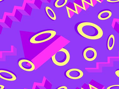 Memphis tarzı 80 'lerde kusursuz 3D izometrik geometrik şekiller. Promosyon ürünleri, ambalaj kağıdı ve baskı için arka plan. Vektör illüstrasyonu