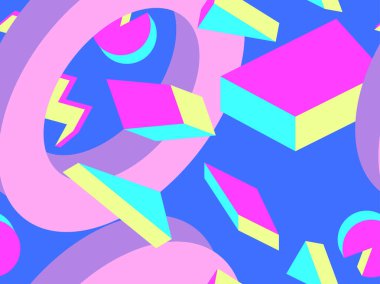 Memphis tarzı 80 'lerde kusursuz 3D izometrik geometrik şekiller. Promosyon ürünleri, ambalaj kağıdı ve baskı için arka plan. Vektör illüstrasyonu