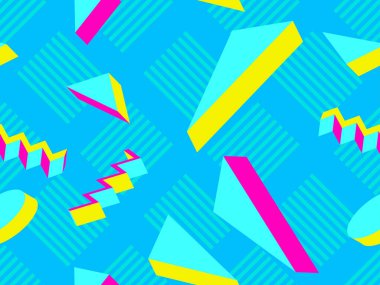 3D memphis 80lerde geometrik şekilli kusursuz desen. Promosyon ürünleri, ambalaj kağıdı ve baskı için arka plan. Vektör illüstrasyonu