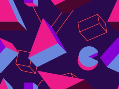 3D memphis 80lerde geometrik şekilli kusursuz desen. Promosyon ürünleri, ambalaj kağıdı ve baskı için arka plan. Vektör illüstrasyonu