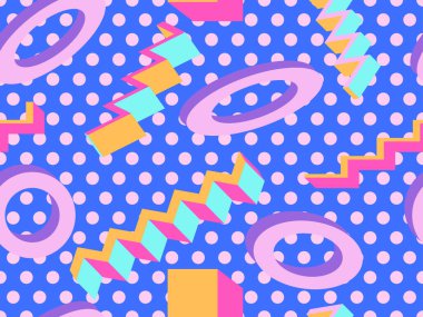 3D memphis 80lerde geometrik şekilli kusursuz desen. Promosyon ürünleri, ambalaj kağıdı ve baskı için arka plan. Vektör illüstrasyonu