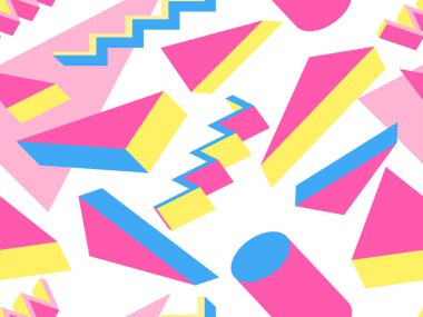 80 'lerin tarzında geometrik şekilli kusursuz Memphis deseni. 3d izometrik geometrik soyut arkaplan. Promosyon ürünleri, ambalaj kağıdı ve baskı için arka plan. Vektör illüstrasyonu