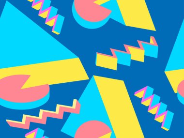 80 'lerin tarzında geometrik şekilli kusursuz Memphis deseni. 3d izometrik geometrik soyut arkaplan. Promosyon ürünleri, ambalaj kağıdı ve baskı için arka plan. Vektör illüstrasyonu