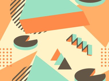 80 'lerin tarzında geometrik şekilli kusursuz Memphis deseni. 3d izometrik geometrik soyut arkaplan. Promosyon ürünleri, ambalaj kağıdı ve baskı için arka plan. Vektör illüstrasyonu