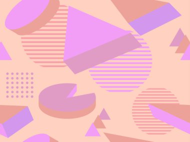 80 'lerin tarzında geometrik şekilli kusursuz Memphis deseni. 3d izometrik geometrik soyut arkaplan. Promosyon ürünleri, ambalaj kağıdı ve baskı için arka plan. Vektör illüstrasyonu