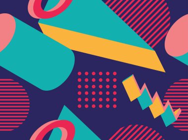 80 'lerin tarzında geometrik şekilli kusursuz Memphis deseni. 3d izometrik geometrik soyut arkaplan. Promosyon ürünleri, ambalaj kağıdı ve baskı için arka plan. Vektör illüstrasyonu