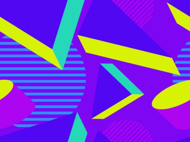 80 'lerin tarzında geometrik şekilli kusursuz Memphis deseni. 3d izometrik geometrik soyut arkaplan. Promosyon ürünleri, ambalaj kağıdı ve baskı için arka plan. Vektör illüstrasyonu