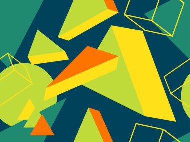 80 'lerin tarzında geometrik şekilli kusursuz Memphis deseni. 3d izometrik geometrik soyut arkaplan. Promosyon ürünleri, ambalaj kağıdı ve baskı için arka plan. Vektör illüstrasyonu