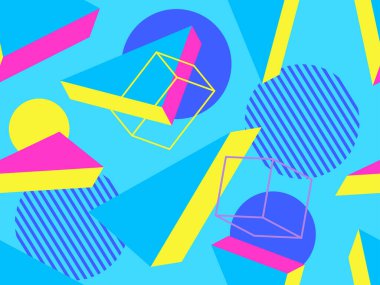 80lerin tarzında 3 boyutlu geometrik kusursuz desen. Üç boyutlu izometrik üçgenler, kareler ve daireler. Promosyon ürünleri, ambalaj kağıdı ve baskı için arka plan. Vektör illüstrasyonu