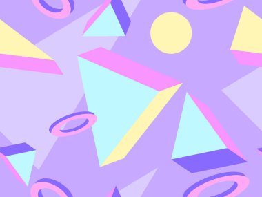 80lerin tarzında 3 boyutlu geometrik kusursuz desen. Üç boyutlu izometrik üçgenler, kareler ve daireler. Promosyon ürünleri, ambalaj kağıdı ve baskı için arka plan. Vektör illüstrasyonu