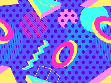 80lerin tarzında 3 boyutlu geometrik kusursuz desen. Üç boyutlu izometrik üçgenler, kareler ve daireler. Promosyon ürünleri, ambalaj kağıdı ve baskı için arka plan. Vektör illüstrasyonu