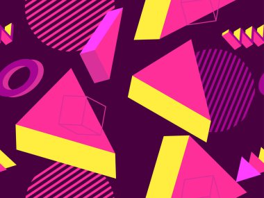 80lerin tarzında 3 boyutlu geometrik kusursuz desen. Üç boyutlu izometrik üçgenler, kareler ve daireler. Promosyon ürünleri, ambalaj kağıdı ve baskı için arka plan. Vektör illüstrasyonu