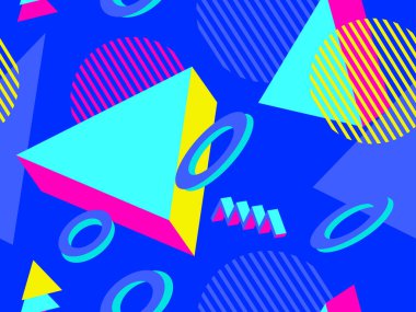 80lerin tarzında 3 boyutlu geometrik kusursuz desen. Üç boyutlu izometrik üçgenler, kareler ve daireler. Promosyon ürünleri, ambalaj kağıdı ve baskı için arka plan. Vektör illüstrasyonu