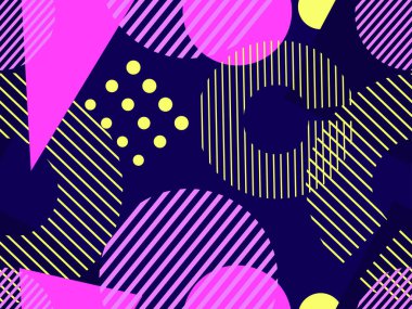 80 'lerin tarzında, geometrik, pürüzsüz desen. Geometrik şekiller üçgenler, kareler, daireler, soyut bileşimler. Promosyon ürünleri, ambalaj kağıdı ve baskı için arka plan. Vektör illüstrasyonu