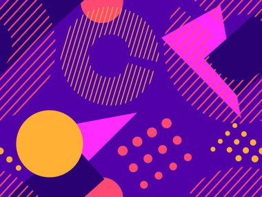 80 'lerin tarzında, geometrik, pürüzsüz desen. Geometrik şekiller üçgenler, kareler, daireler, soyut bileşimler. Promosyon ürünleri, ambalaj kağıdı ve baskı için arka plan. Vektör illüstrasyonu