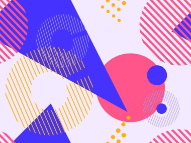 80 'lerin tarzında, geometrik, pürüzsüz desen. Geometrik şekiller üçgenler, kareler, daireler, soyut bileşimler. Promosyon ürünleri, ambalaj kağıdı ve baskı için arka plan. Vektör illüstrasyonu